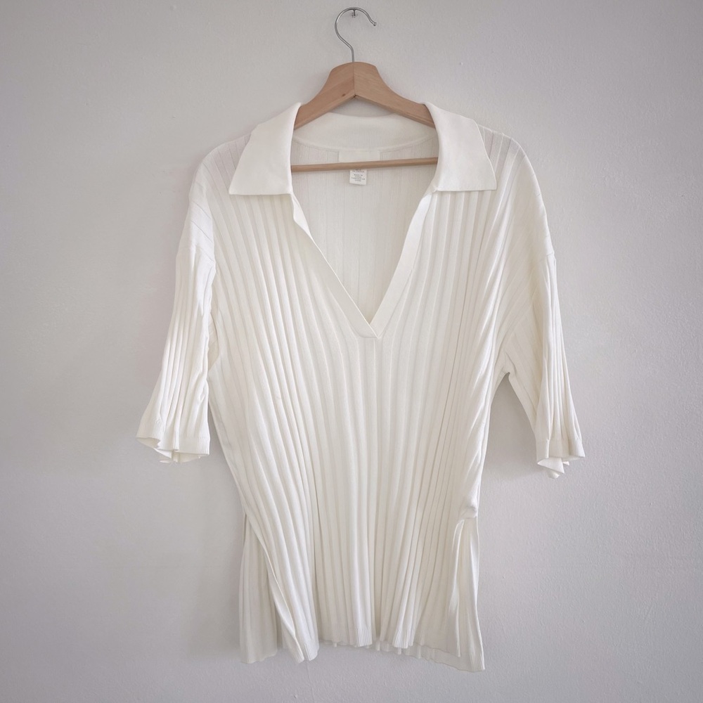 JUST IN! H&M Cream Rib-Knit Top with Collar, Size Medium